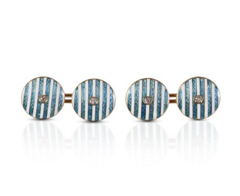 Pair of 18ct yellow gold, turquoise, enamel and diamond cufflinks, each set with an old-cut diamond, 1.5mm, in the original v