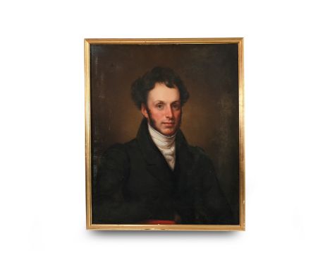 19th Century English school oil on canvas, half length portrait of Edward Fischer Sanderson (1800-1866), label to verso Mater