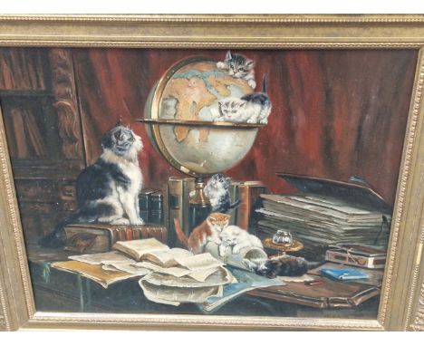A DECORATIVE PAINTING OF CATS PLAYING ON A DESK, OIL ON BOARD. 50 x 61cms