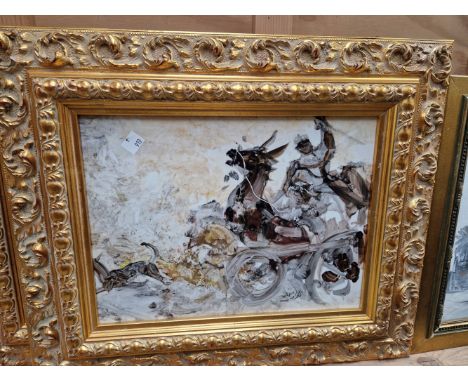 TWO INTERESTING CONTEMPORARY MIDDLE EASTERN PAINTINGS ON PANEL, A PORTRAIT AND A CHARIOTEER TOGETHER WITH TWO CONTEMPORARY MI