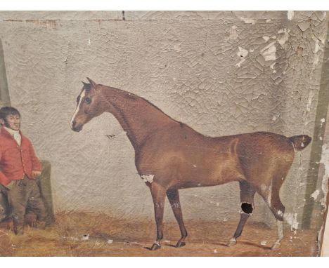 EARLY 19th CENTURY ENGLISH SCHOOL A NAIVE PORTRAIT OF A HORSE AND GROOM, OIL ON CANVAS, UNFRAMED. 61 x 76cms