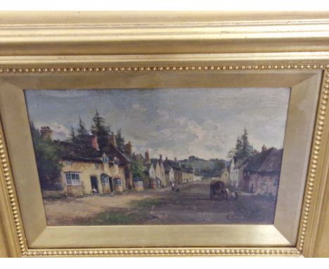 CARLTON E. HARRIS 19th/20th CENTURY ENGLISH SCHOOL A PAIR OF VILLAGE SCENES, SIGNED, OIL ON BOARD. 18 x 29cms (2)