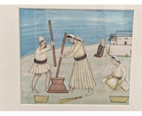 AN INDIAN WATERCOLOUR OF A HUSBAND AND WIFE POUNDING GRAIN WHILE AN ELDERLEY MAN SMOKES A HOOKAH PIPE BY A DISTANT COTTAGE.  