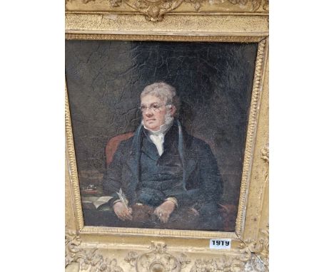 EARLY 19th C. SCHOOL, PORTRAIT OF A BESPECTACLED MAN SEATED WITH QUILL IN HAND, OIL ON CANVAS. 27.5 x 22.5cms.