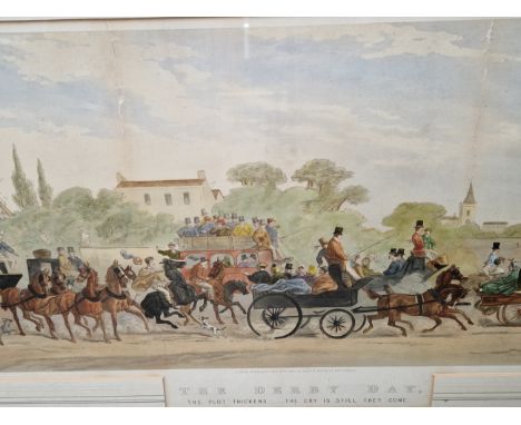 AFTER H. K. BROWNE (PHIZ) EIGHT COMIC DERBY VIEWS, UNIFORM GILT DECORATED WALNUT FRAMES. OVERALL SIZE 56 x 100cms (8) 
