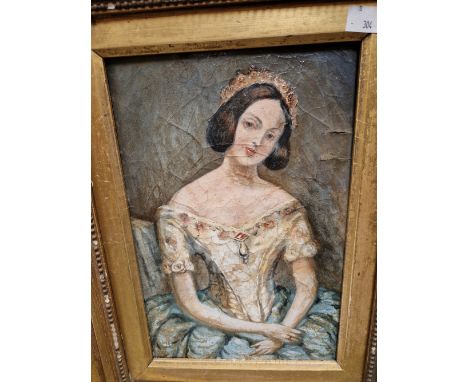 LATE 19th CENTURY ENGLISH NAIVE SCHOOL PORTRAIT OF A YOUNG LADY, OIL ON BOARD. 30 x 20cms TOGETHER WITH A DECORATIVE PRINT BY