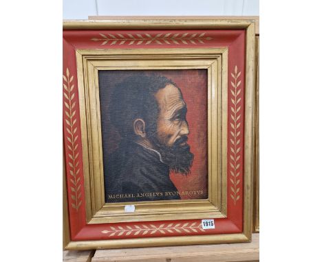 CONTEMPORARY SCHOOL A DECORATIVE PORTRAIT OF MICHAEL ANGELO, OIL ON BORAD. 34 x 27cms