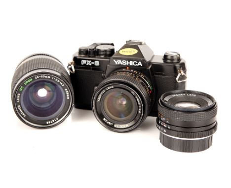 A Yashica FX-3 SLR Camera, with ML f/2.8 28mm and f/2 50mm lenses, together with a Yashica MC f/3.9-4.9 28-80mm lens - sounds
