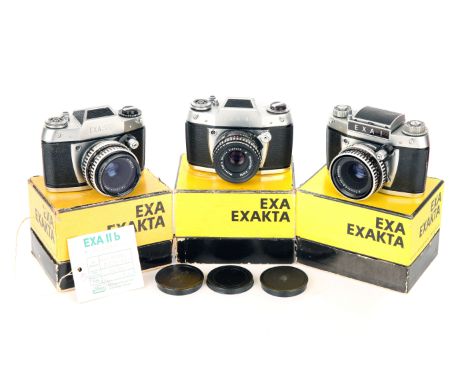 Three Ihagee EXA Cameras, including EXA I, EXA 500 and EXA Iib, each with lens, all in maker's boxes (3)