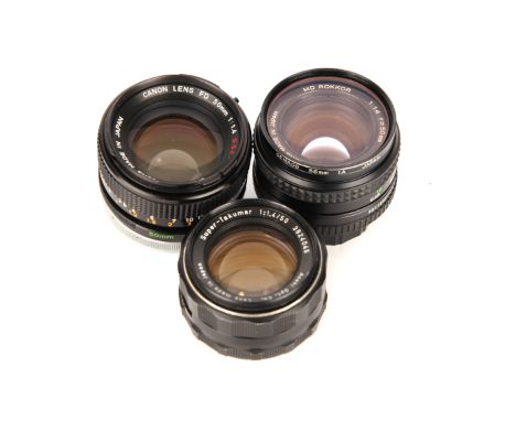 Three Fast 50mm Prime Lenses, including Canon FD S.S.C. f1.4 50mm, Minolta MD Rokkor f/1.4 50mm and Super-Takumar f/1.4 50mm 