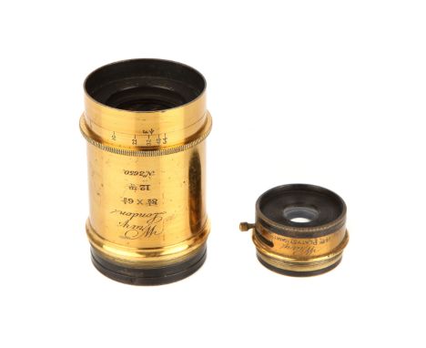 Two Brass Bound Lenses by Wray the brass body engraved 'Wray, London 8 1/2 x 6 1/2 12in No3650', landscape type lens with iri