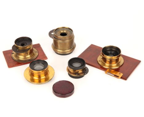 Five Brass Lenses, mostly rotary waterhouse stop, with markers including Ross, Wray and J. Lancaster (5)