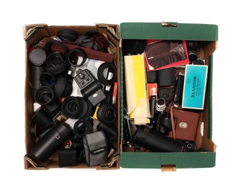 Two Boxes of Various Accessories,  including rangefinders, lens hoods, flash brackets, binoculars and more (2 boxes)