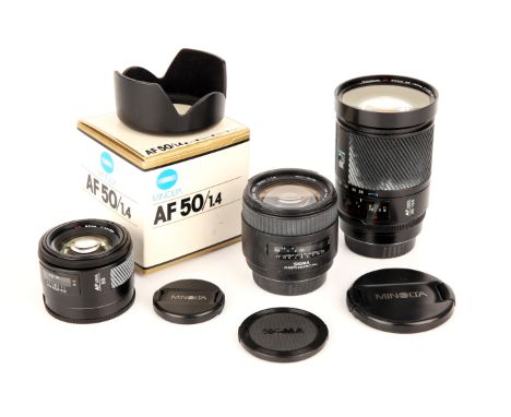 Three Minolta AF Mount Lenses, including Minolta AF f/1.4 50mm, Minolta AF f/4 28-135mm and Sigma High-Speed Wide f/1.8 28mm 