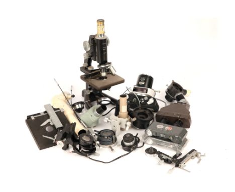 A Collection of Modern Microscope Parts, various parts including Leitz 35mm film magazines, Nikon 35mm microscope camera, bin