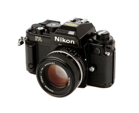 A Nikon FA SLR Camera, 1983-87, black, serial no. 5245742, with Ais Nikkor f/1.4 50mm lens, black, serial no. 5460680, body, 