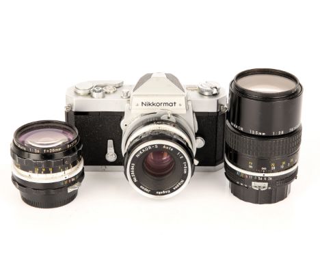 A Nikon Nikkormat FTn SLR Camera, with Nikkor-S f/2 50mm, Nikkor-H.C f/3.5 28mm and Ai f/2.8 135mm lenses (a lot)