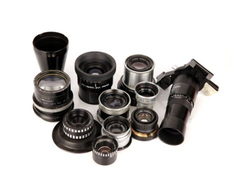 A Selection of Various Lenses, including Sigma FT-80 adapter, Ross Resolux f/4 11cm, Wray f/1.4 2" copying lens and more (a l