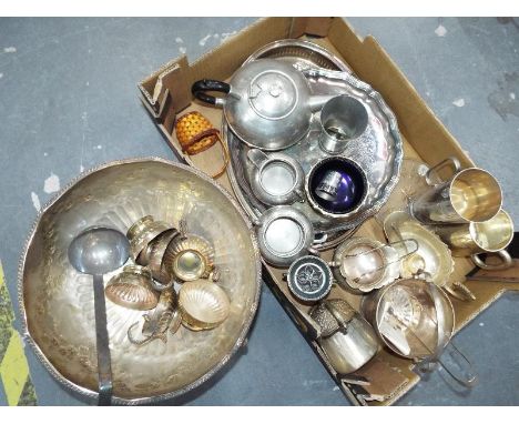 A large collection of good quality plated ware and lion hammered pewter teapot with sugar bowl and creamer, and a large twin 