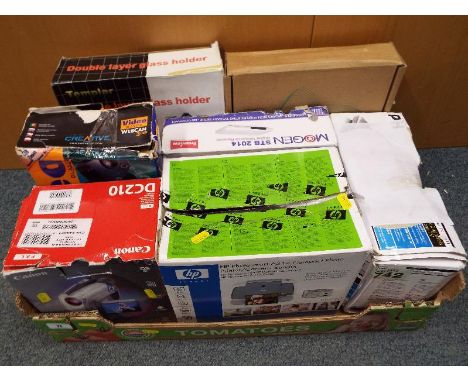 A collection of household electronic items to include Canon DC210 DVD camcorder, a video blaster webcam 3, an HP Invent photo
