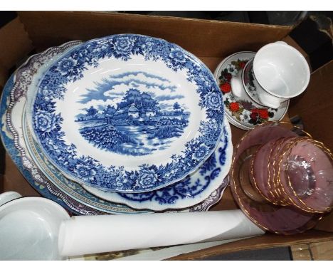 A good mixed lot of ceramic meat plates to include a Victorian meat plate, Crown Ducal, Myott, blue and white old Staffordshi