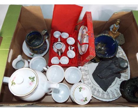 A good mixed lot to include a part tea service, oriental miniature ceramic  teapot set, a glugg jug Portsmouth Pottery figuri