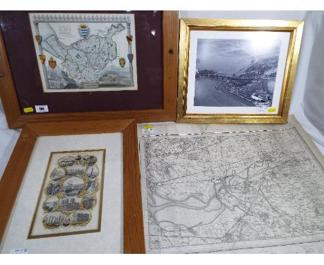 A good quality map of Cheshire mounted and framed under glass image size 20cm x 26cm, an aerial photograph of Halton includin