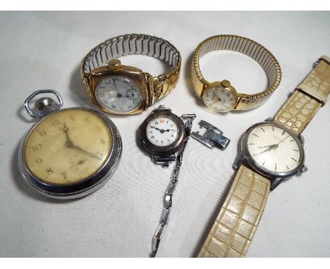 A mixed lot of watches to include a silver cased wristwatch with ceramic dial, a white metal Ingersoll pocket watch, a Nisam 