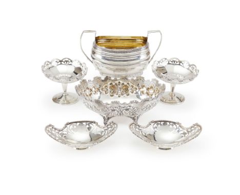  A collection of silver and silver coloured items,   to include: a pair of silver shaped oval dishes by Mappin  &  Webb, Lond