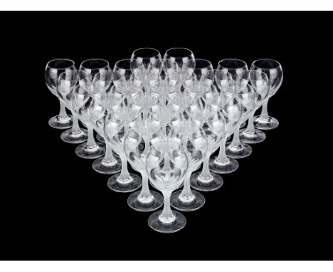  Thirty modern Bordeaux wine glasses retailed by Le Clos Wine  &  Spirit Dealers,   with frosted stems, 15.5cm high 