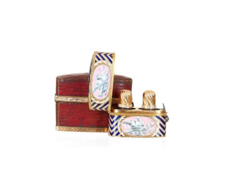  A gold and enamel miniature double scent bottle case,   unmarked, Swiss or French, late 18th century, oblong with blue, whit