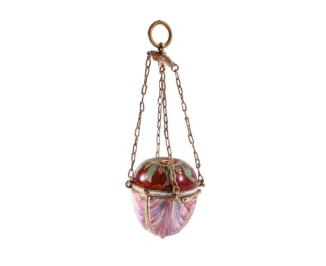  A French or Swiss gold and enamel pendant containing a scent bottle,   mid 19th century, unmarked, ovoid and painted to rese