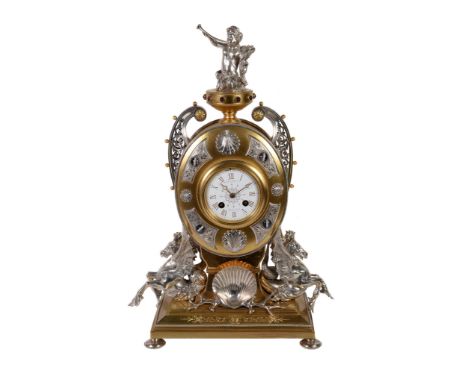  An engraved gilt brass and silver plated mantel clock  , Howell James  &  Co, late 19th century, the eight-day bell striking