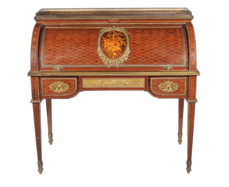  A Louis XVI style mahogany, parquetry and ormolu mounted bureau Ã  cylindre, Paris,   late 19th century/early 20th century, 