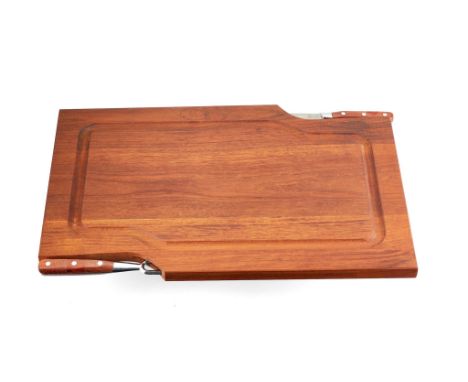  Asprey, a wooden carving board,   the board with a fitted carving knife and fork, the board 53cm x 31.2cm, in an Asprey box 