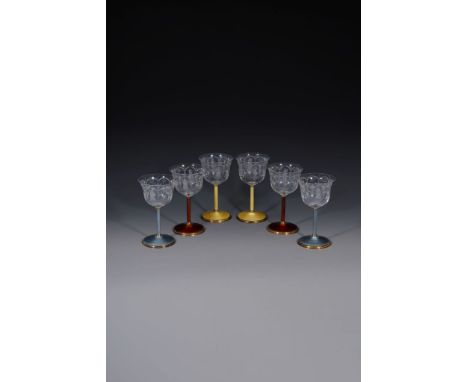  Asprey, a set of six Italian silver gilt, enamel and glass wine glasses,   stamped   Italy  , import marked for London 1983,