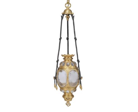  A Continental gilt metal and glazed hall lantern,   20th century, the bulbous body with oval apertures for six glass panes (
