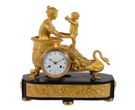  A Restauration ormolu figural mantel clock  , circa 1830, cast with Aphrodite in her chariot to a design by Jean-Andre Reich