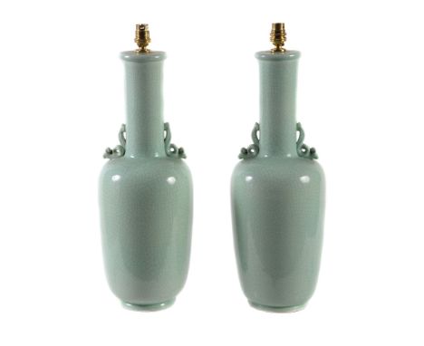  A pair of celadon crackle glazed ceramic twin handled vases fitted as table lamps,   modern, 55cm high including electrical 