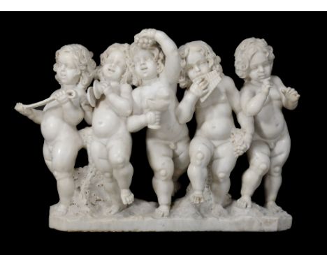  A Continental, probably Italian sculpted white marble group of five amorini,   late 19th / early 20th century, portrayed bes