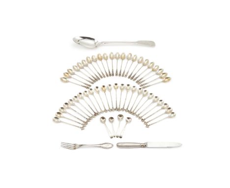  A collection of silver and silver coloured flatware,   to include: a Victorian fiddle pattern serving spoon by William Rawli