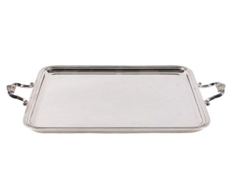  Christofle, an electro-plated rounded rectangular tray,   stamped marks late 20th century, the twin scroll handles centred b