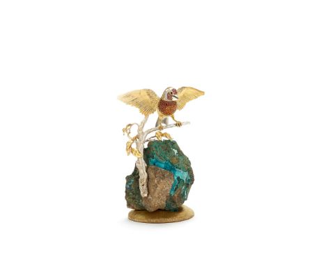  Asprey, an 18 carat white and yellow gold, gem set and mineral specimen table ornament by Asprey  &  Co.,   London 1978, the