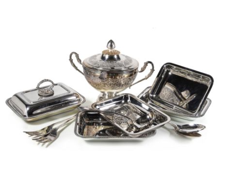  A collection of electro-plated items,   to include: three entree dishes, covers and handles, with gadrooned borders, 28cm (1