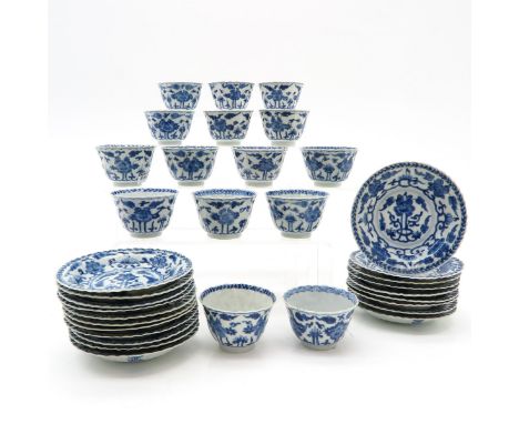 Including 15 cups and 20 saucers, blue and white decor, largest saucer is 13 cm., hairline and chip.