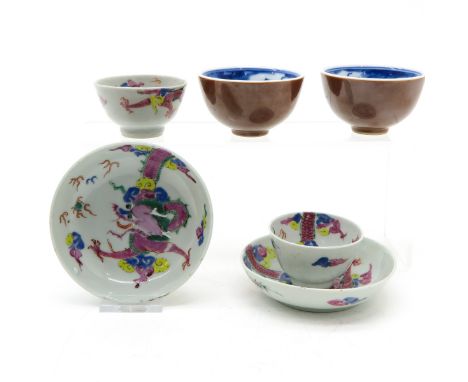 Saucers are 10 cm. in diameter, chip.