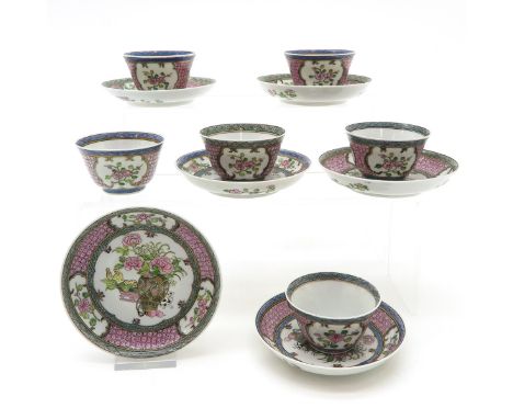 Famille Rose decor, saucers are 11 cm. in diameter, hairline.
