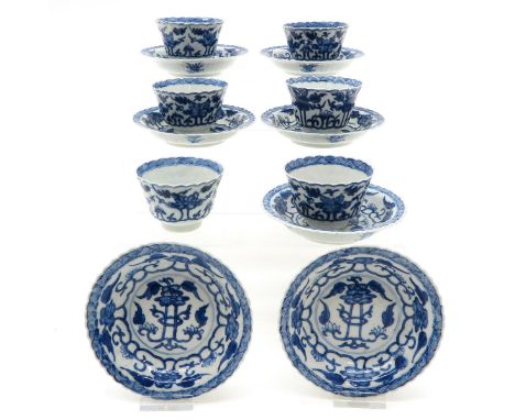 Saucers are 13 cm. in diameter, chip and hairline.