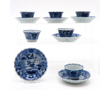 Saucers are 9 cm. in diameter, chip and hairline.