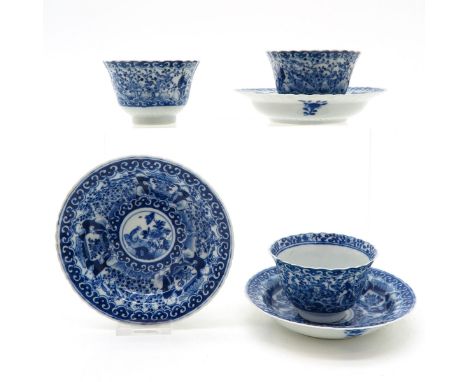 Marked with double ring and 4 characters, saucers are 13 cm. in diameter, chip and hairline.
